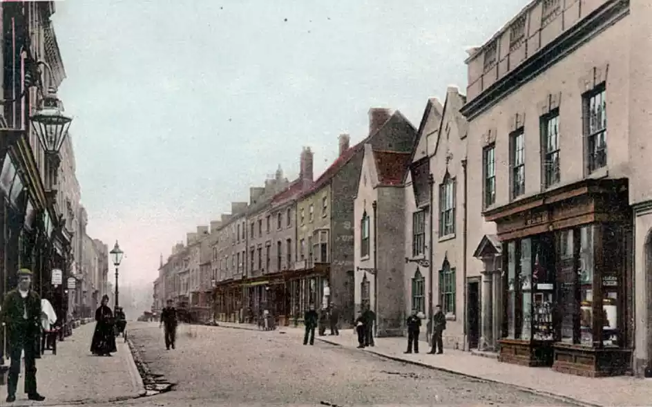 Historic view of shops along Long Street in Atherstone