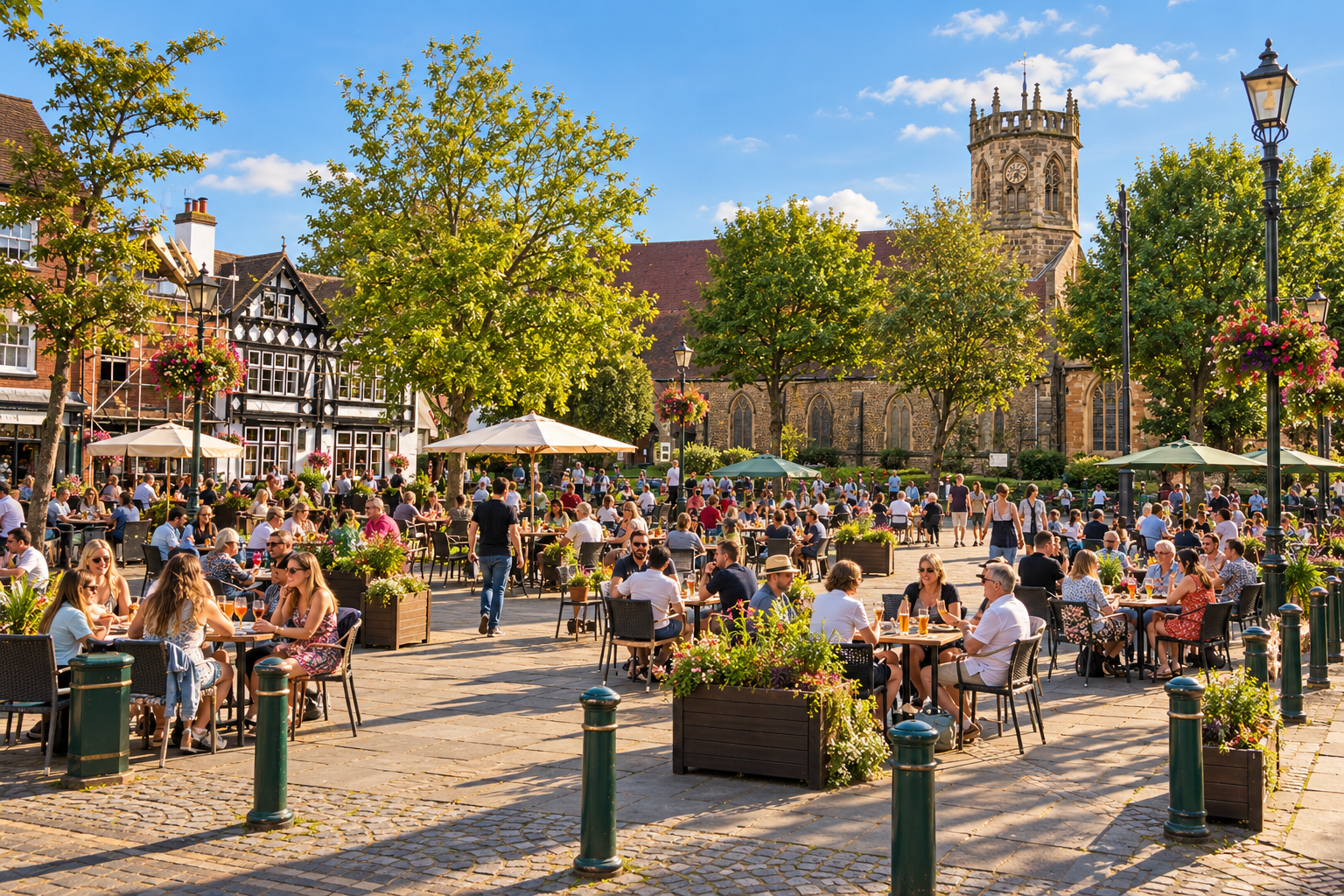 Atherstone Market Square and St Mary’s Church in warm evening light