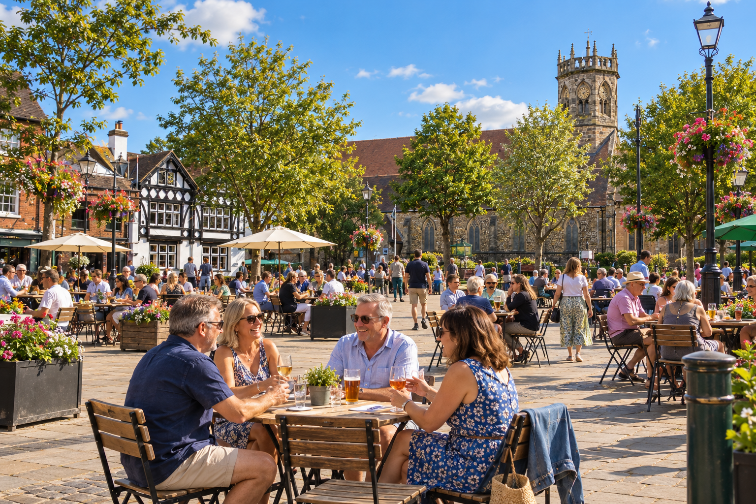 Friends enjoying a summer day in Atherstone Market Square