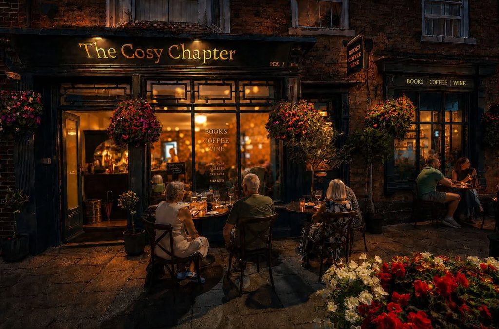 The Cosy Chapter exterior promotional image, with its illuminated sign and outdoor tables